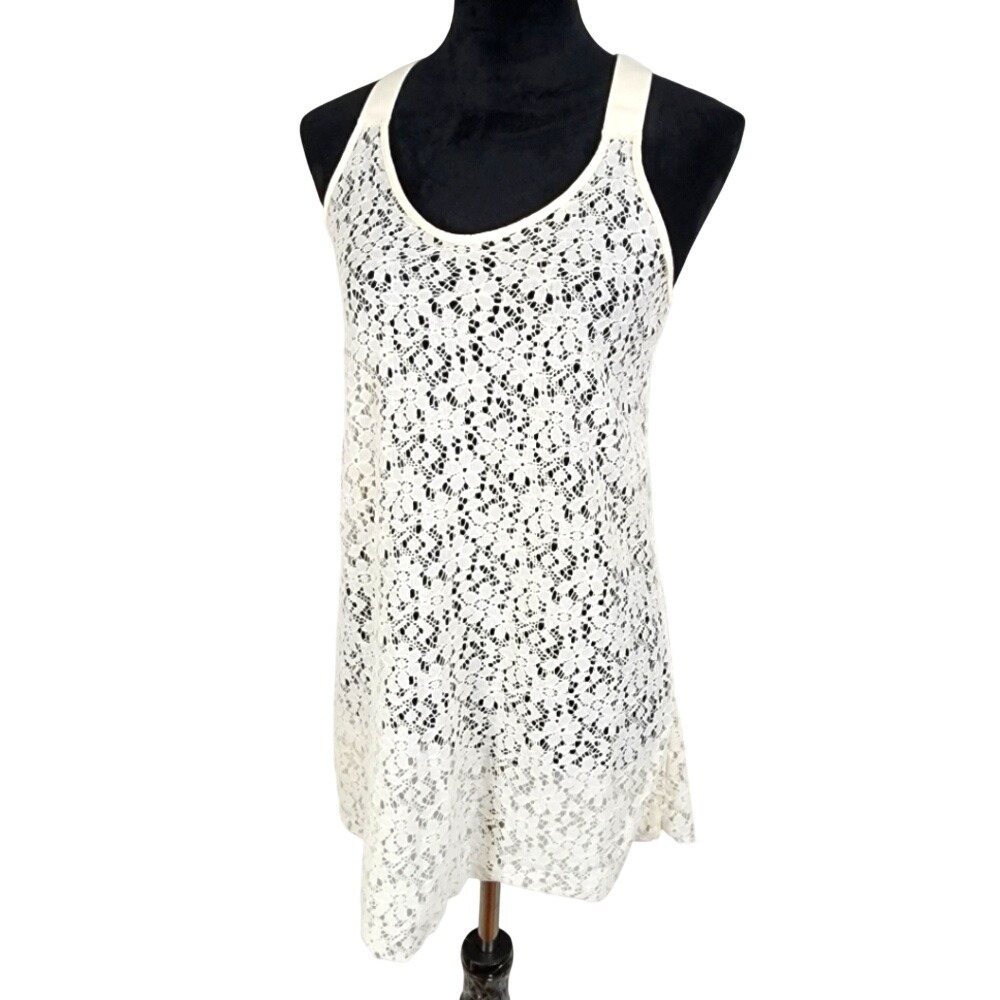 New! LEONISA Size Small Ivory Lace Crossback Active Swim Cover Tank Shapewear